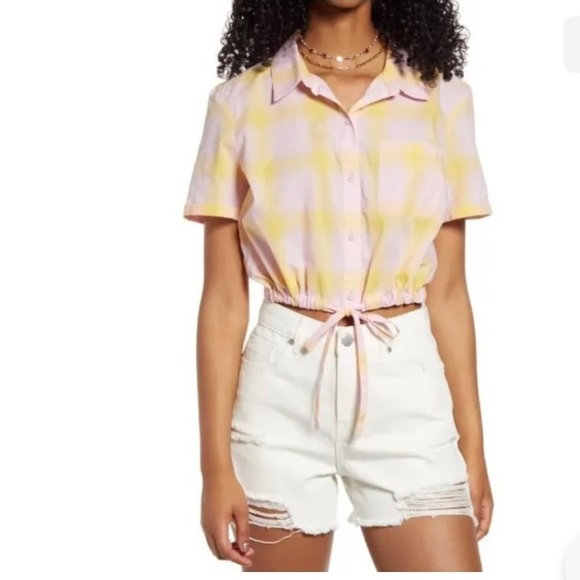 Pink Peaces Plaid Mixed Button Up